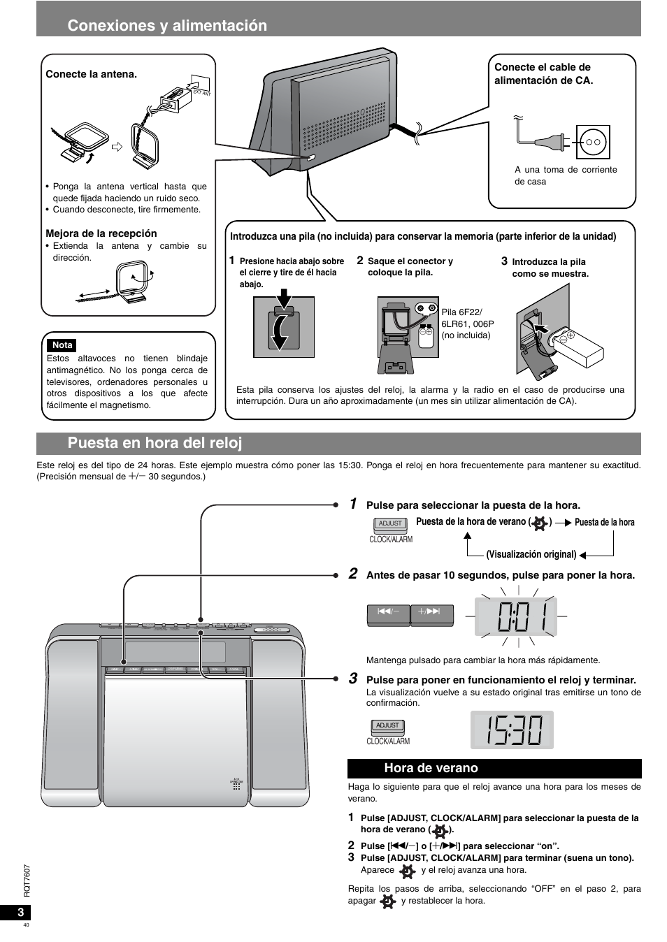 Conexiones y alimentación puesta en hora del reloj, Hora de verano | Panasonic RCCD350 User Manual | Page 40 / 64