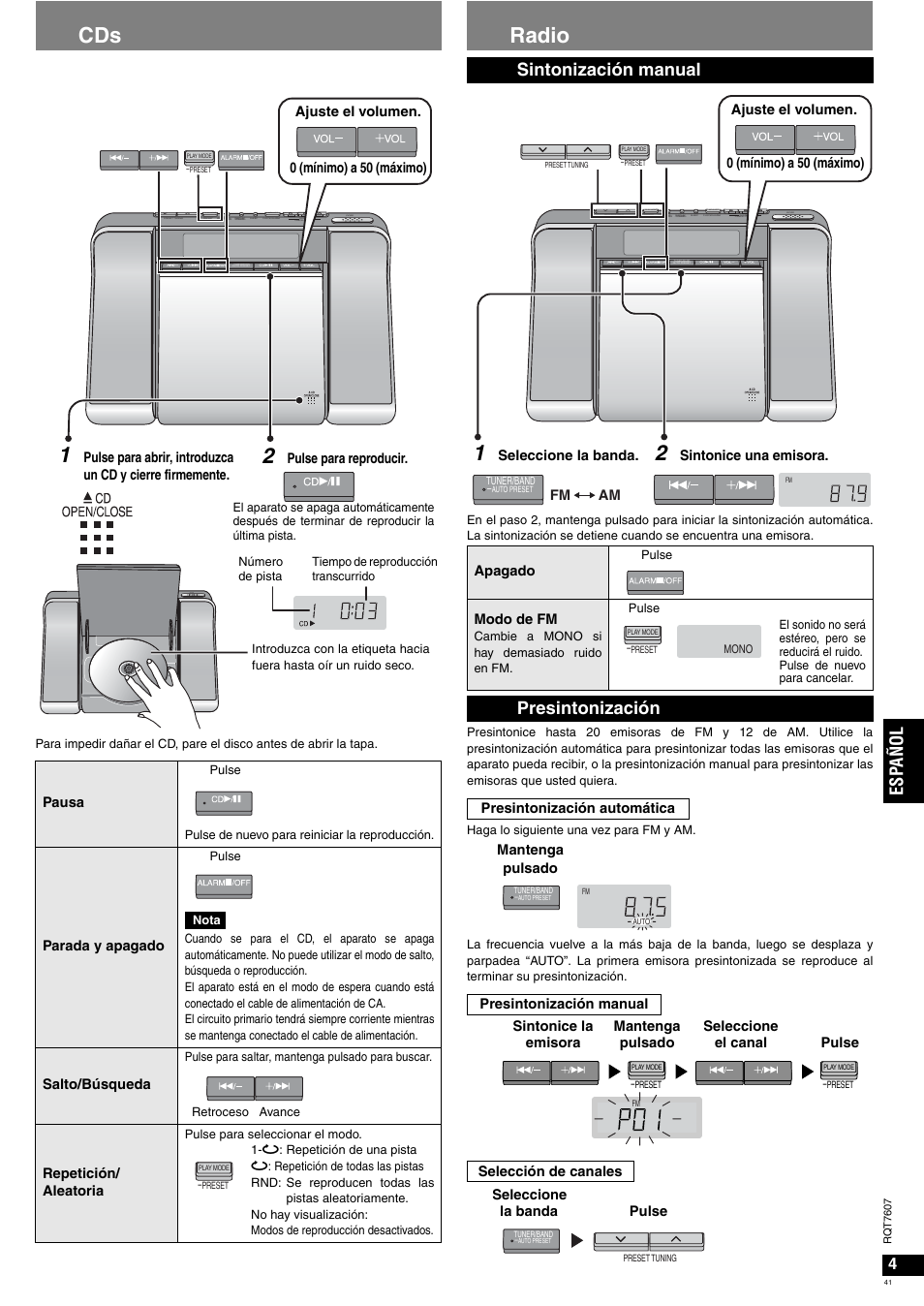 Radio, Esp añol, Sintonización manual | Presintonización | Panasonic RCCD350 User Manual | Page 41 / 64