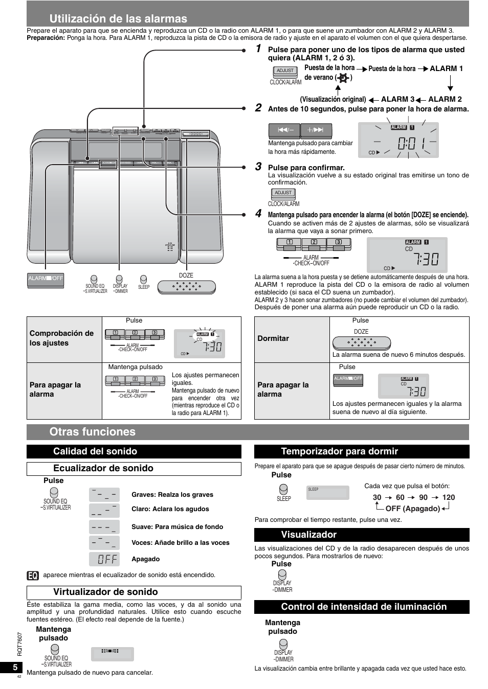 Utilización de las alarmas, Otras funciones | Panasonic RCCD350 User Manual | Page 42 / 64