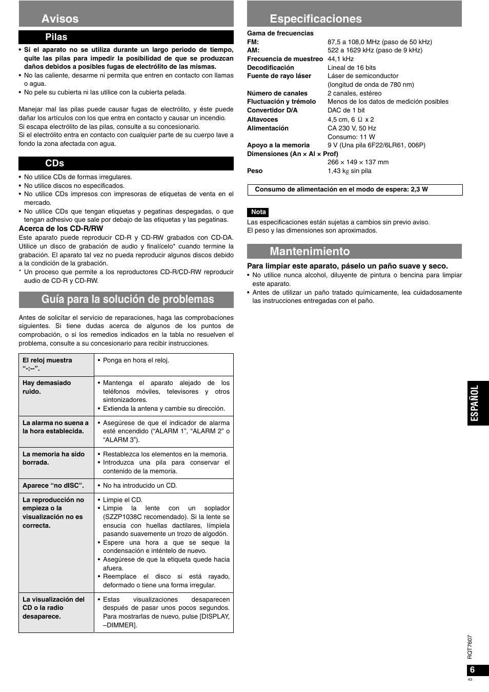 Avisos, Guía para la solución de problemas, Especificaciones | Mantenimiento, Esp añol, Pilas cds | Panasonic RCCD350 User Manual | Page 43 / 64