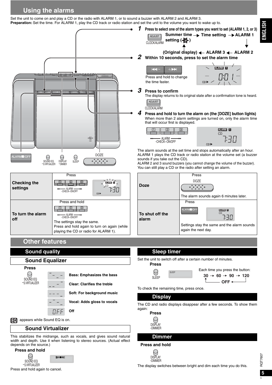 Using the alarms, Other features, English | Sound quality sound equalizer sound virtualizer, Sleep timer display dimmer | Panasonic RCCD350 User Manual | Page 5 / 64