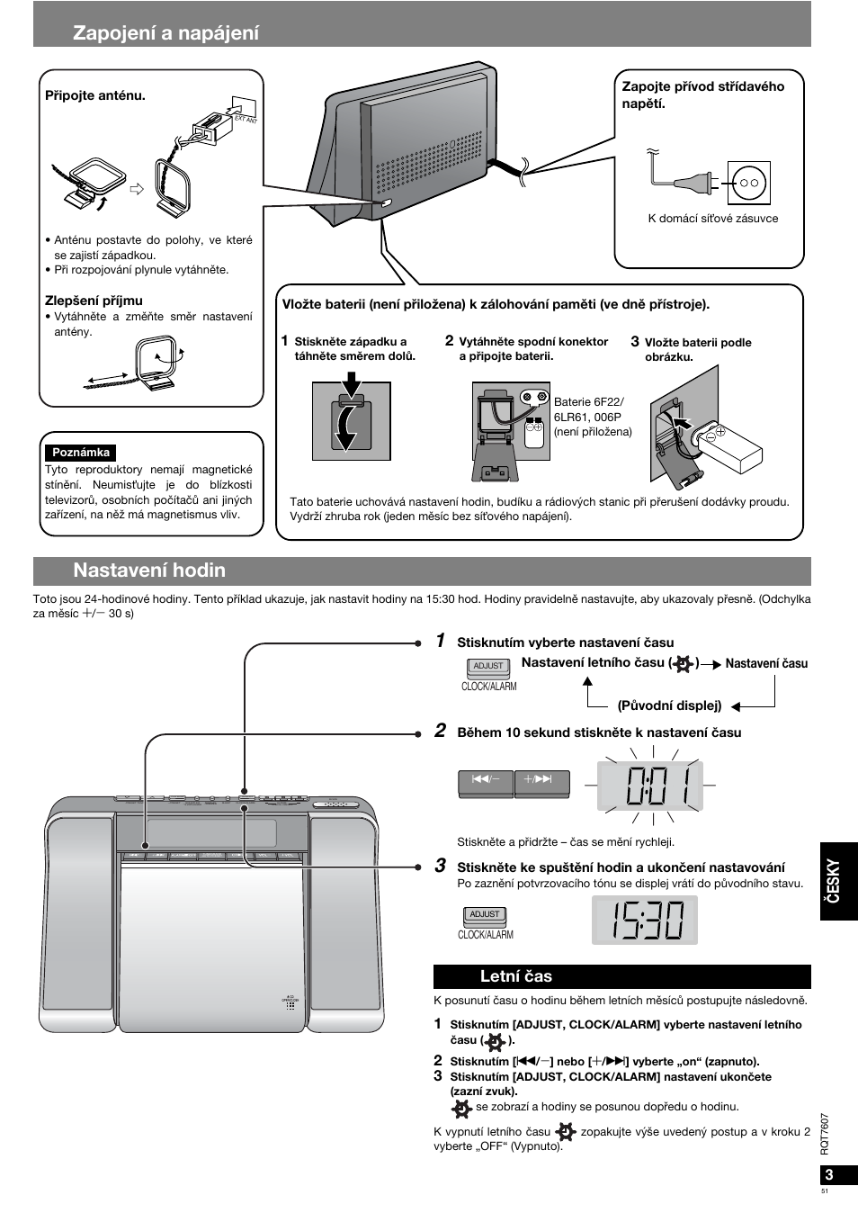 Zapojení a napájení nastavení hodin, Česky, Letní čas | Panasonic RCCD350 User Manual | Page 51 / 64