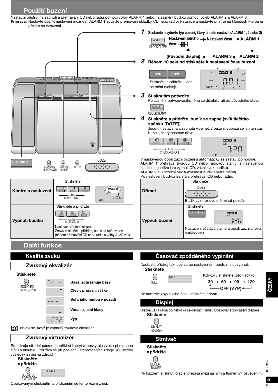 Použití buzení, Další funkce, Česky | Časovač zpožděného vypínání displej stmívač | Panasonic RCCD350 User Manual | Page 53 / 64