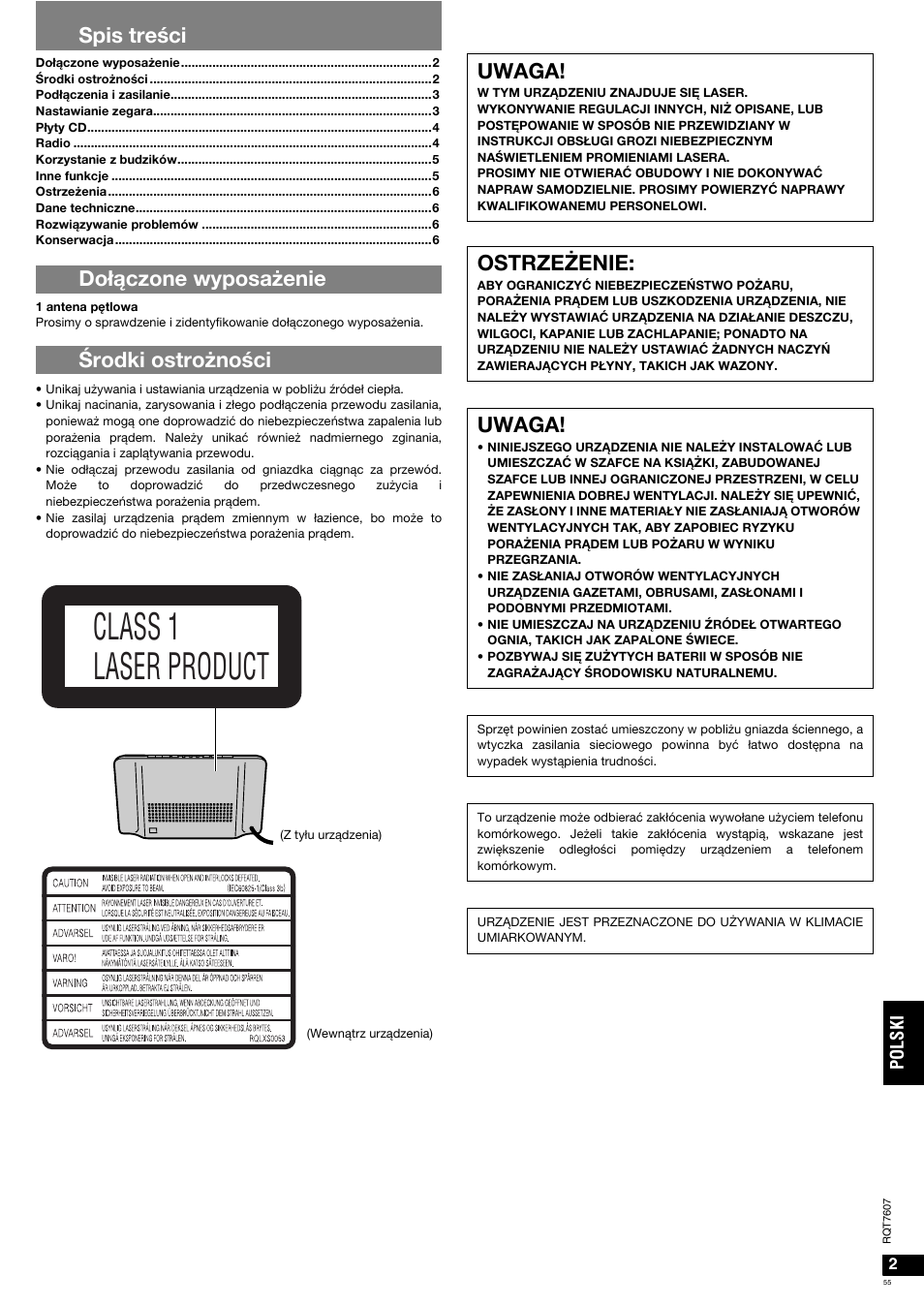 Class 1 laser product, Uwaga, Ostrzeżenie | Panasonic RCCD350 User Manual | Page 55 / 64