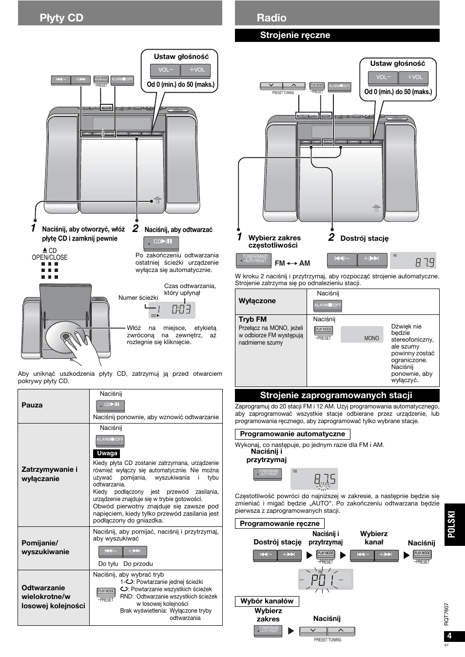 Płyty cd, Radio, Polsk i | Strojenie ręczne, Strojenie zaprogramowanych stacji | Panasonic RCCD350 User Manual | Page 57 / 64