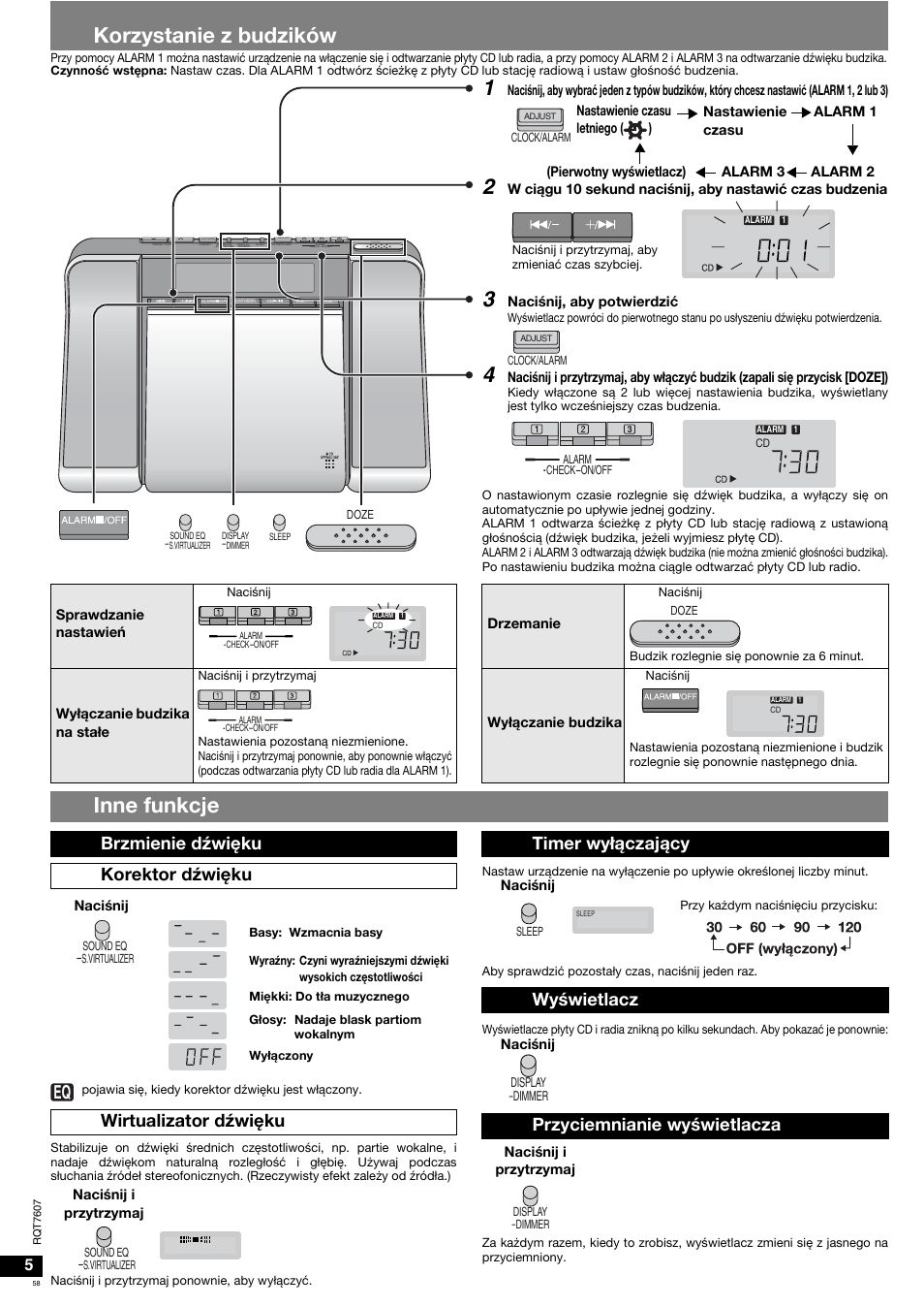 Korzystanie z budzików, Inne funkcje | Panasonic RCCD350 User Manual | Page 58 / 64