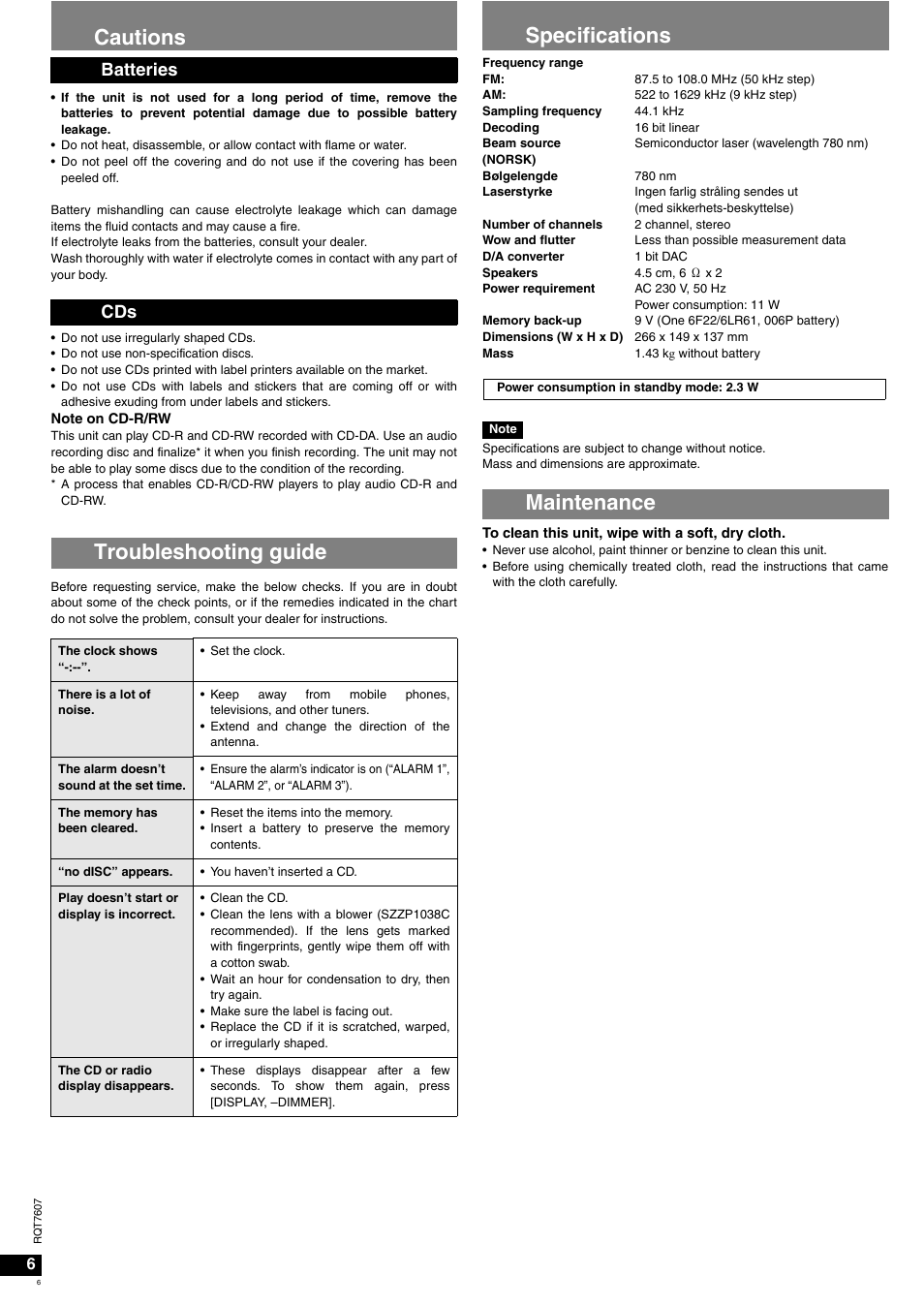 Cautions, Troubleshooting guide, Specifications | Maintenance, Batteries cds | Panasonic RCCD350 User Manual | Page 6 / 64