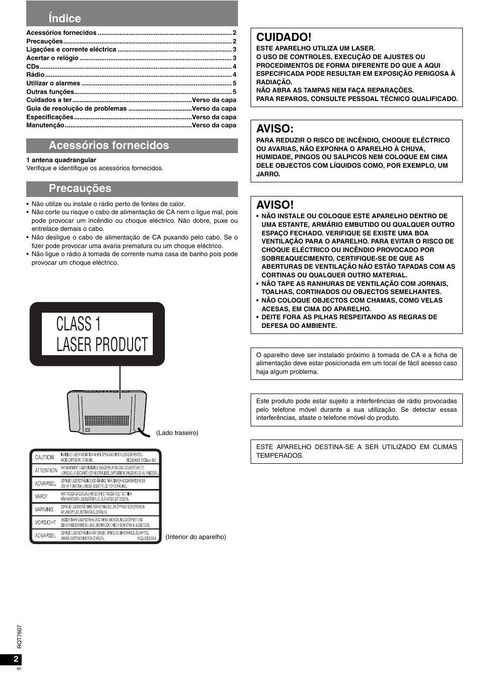 Class 1 laser product, Índice acessórios fornecidos precauções cuidado, Aviso | Panasonic RCCD350 User Manual | Page 60 / 64