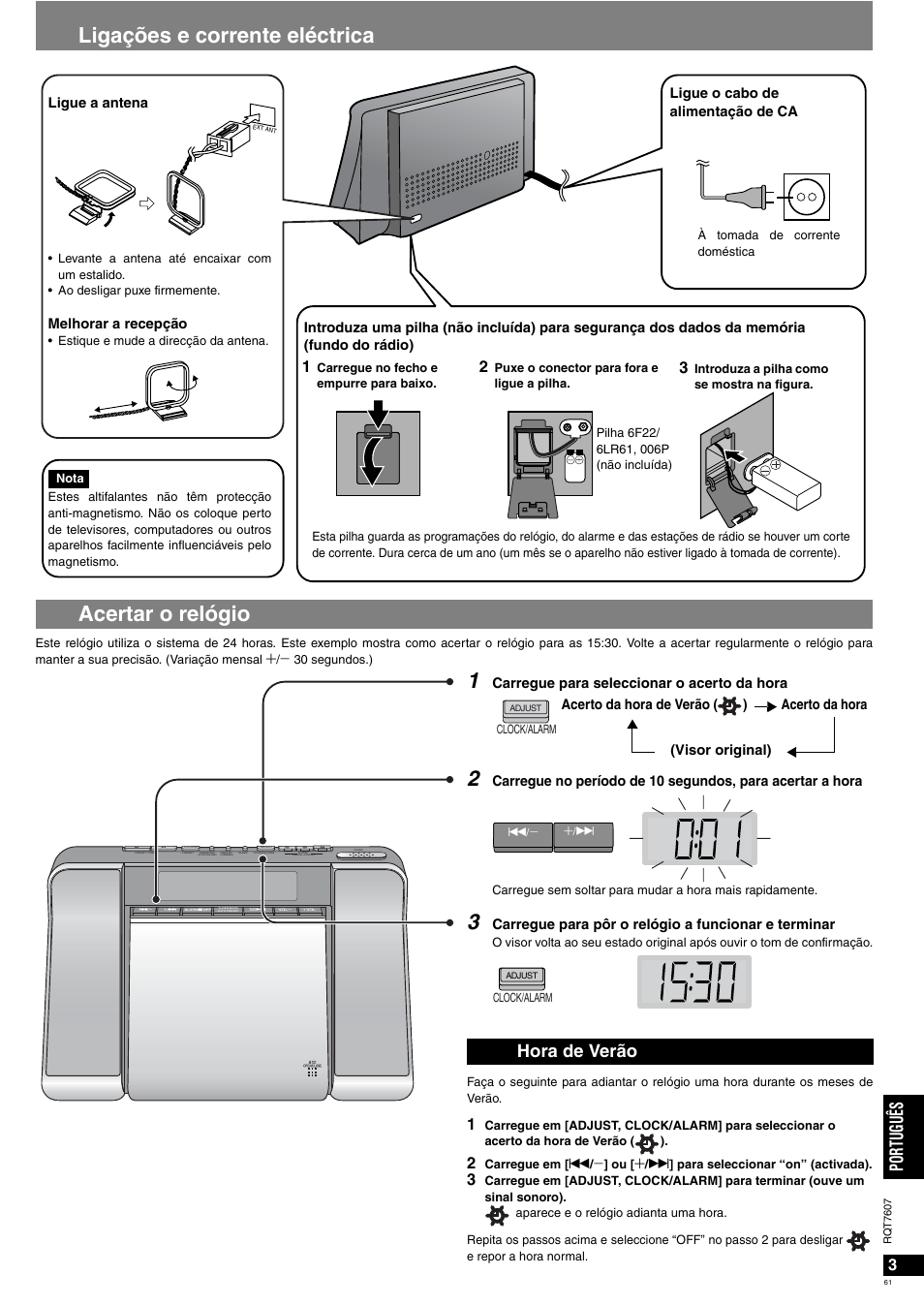 Ligações e corrente eléctrica acertar o relógio, Po rt ug uês, Hora de verão | Panasonic RCCD350 User Manual | Page 61 / 64