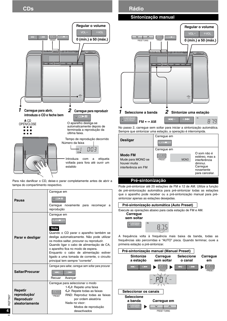 Rádio, Sintonização manual, Pré-sintonização | Panasonic RCCD350 User Manual | Page 62 / 64