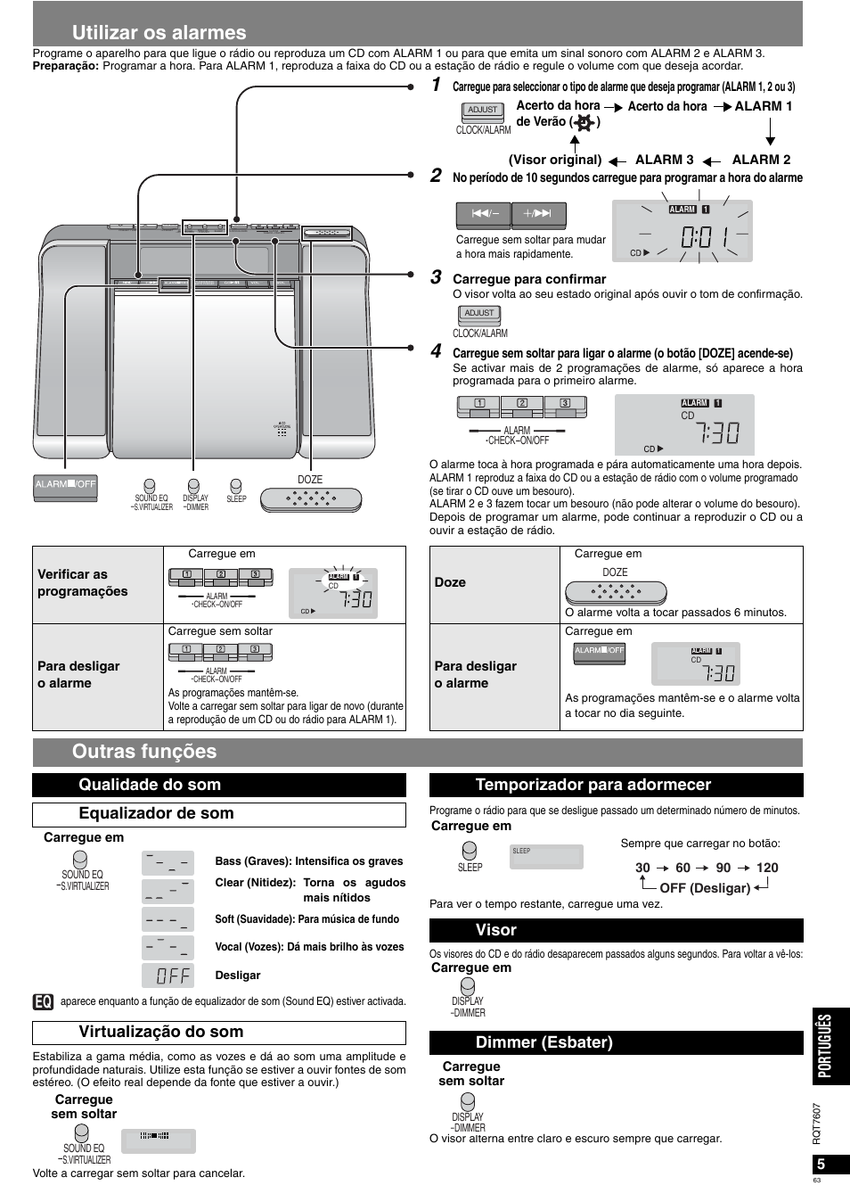 Utilizar os alarmes, Outras funções, Po rt ug uês | Temporizador para adormecer visor dimmer (esbater) | Panasonic RCCD350 User Manual | Page 63 / 64