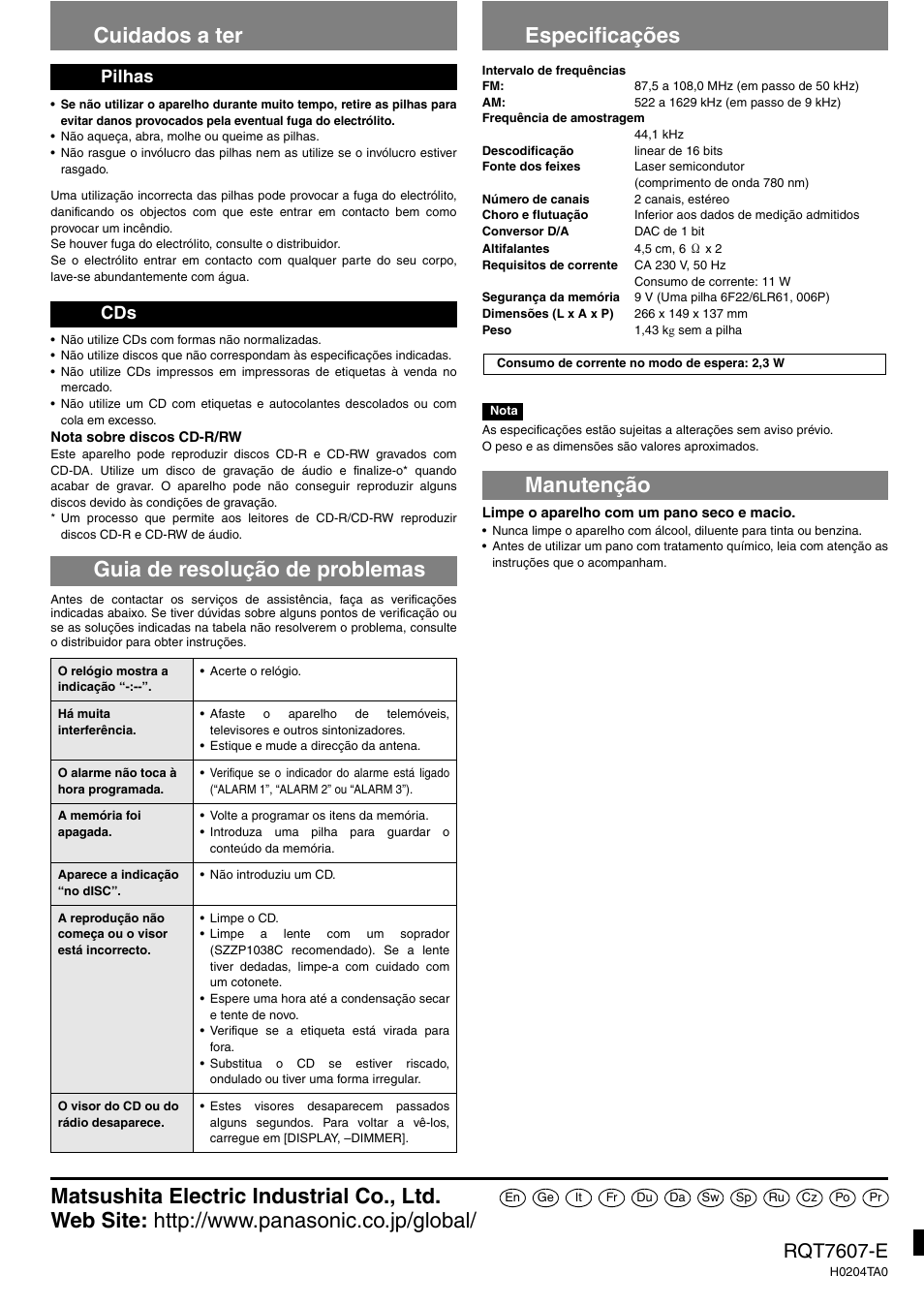 Cuidados a ter, Guia de resolução de problemas, Especificações | Manutenção, Rqt7607-e, Pilhas cds | Panasonic RCCD350 User Manual | Page 64 / 64