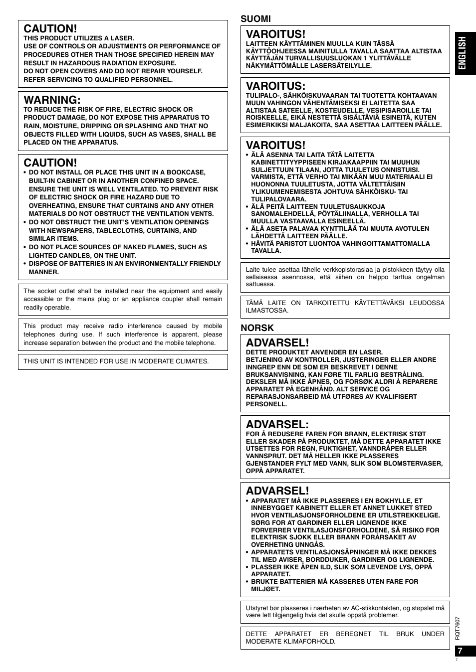 Caution, Warning, Varoitus | Advarsel, English, Suomi norsk | Panasonic RCCD350 User Manual | Page 7 / 64