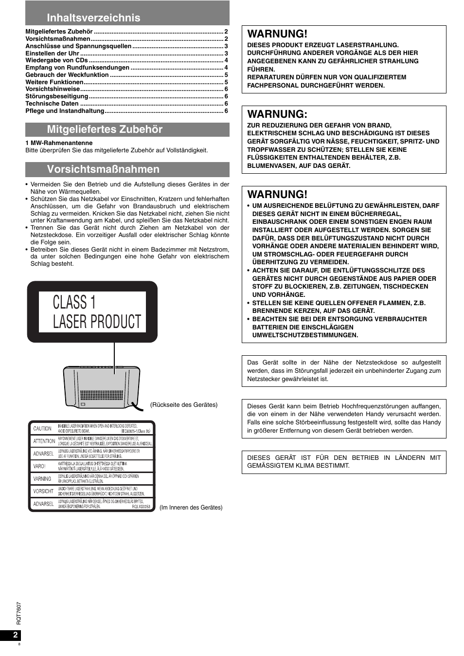 Class 1 laser product, Warnung | Panasonic RCCD350 User Manual | Page 8 / 64