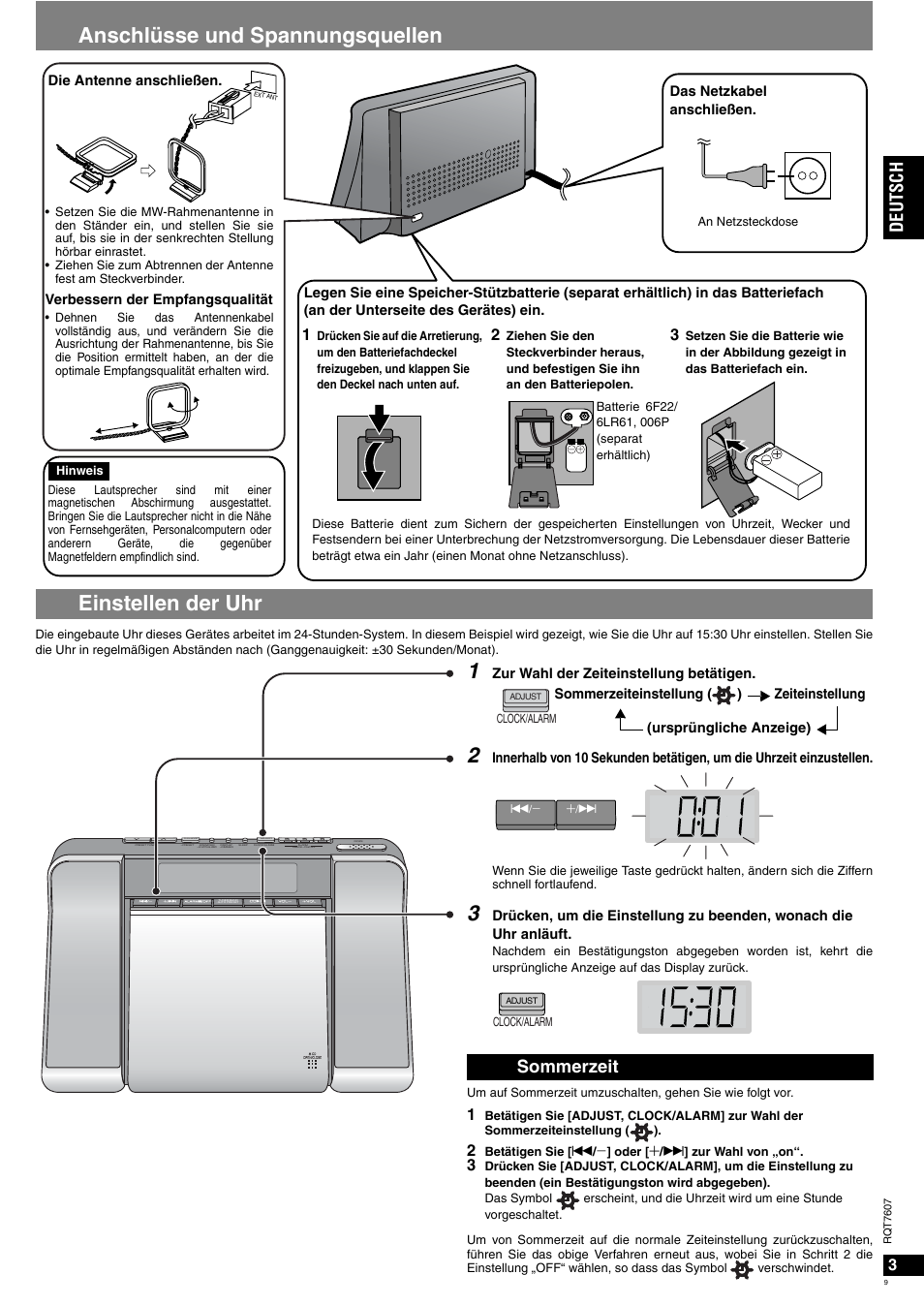 Anschlüsse und spannungsquellen einstellen der uhr, Deutsc h, Sommerzeit | Panasonic RCCD350 User Manual | Page 9 / 64