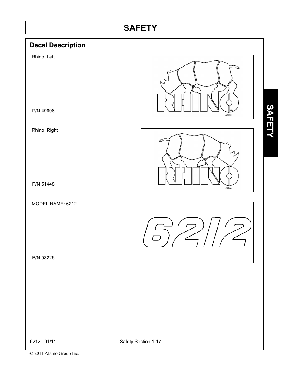 Decal description, Decal description -17, Safety | Alamo 6212 User Manual | Page 21 / 100