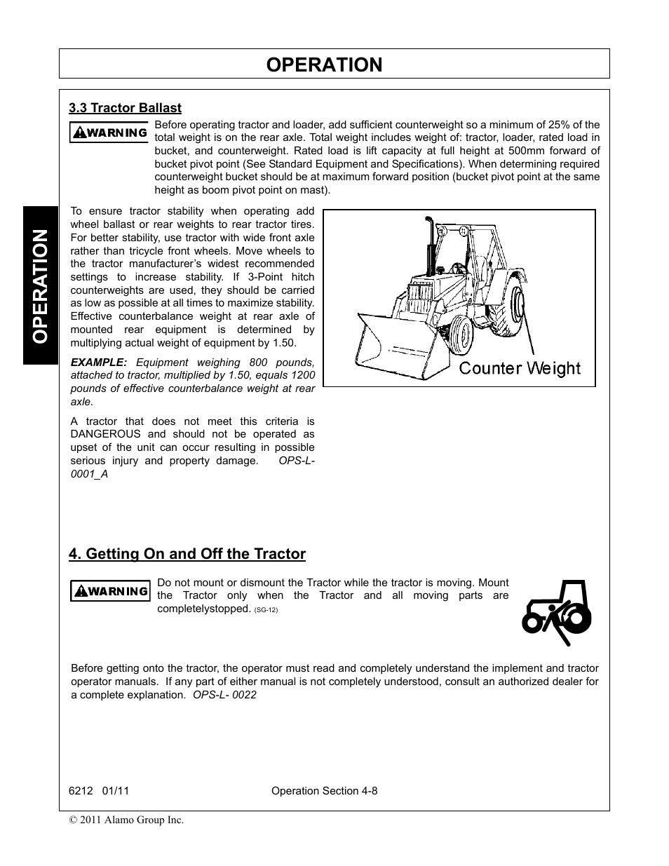 3 tractor ballast, Getting on and off the tractor, Operation | Opera t ion | Alamo 6212 User Manual | Page 48 / 100