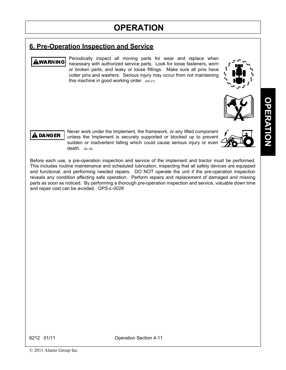 Pre-operation inspection and service, Pre-operation inspection and service -11, Operation | Opera t ion | Alamo 6212 User Manual | Page 51 / 100