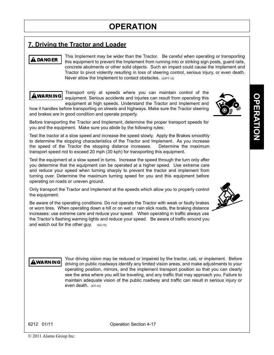 Driving the tractor and loader, Driving the tractor and loader -17, Operation | Opera t ion | Alamo 6212 User Manual | Page 57 / 100