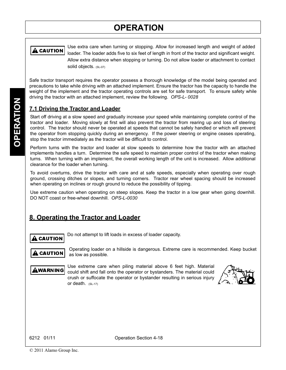 1 driving the tractor and loader, Operating the tractor and loader, Operation | Opera t ion | Alamo 6212 User Manual | Page 58 / 100