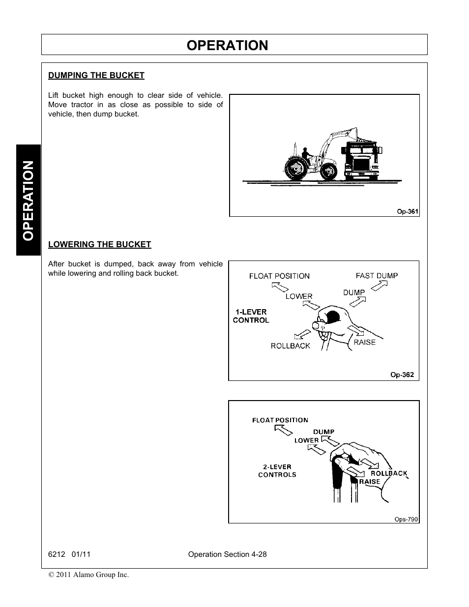 Dumping the bucket, Lowering the bucket, Operation | Opera t ion | Alamo 6212 User Manual | Page 68 / 100