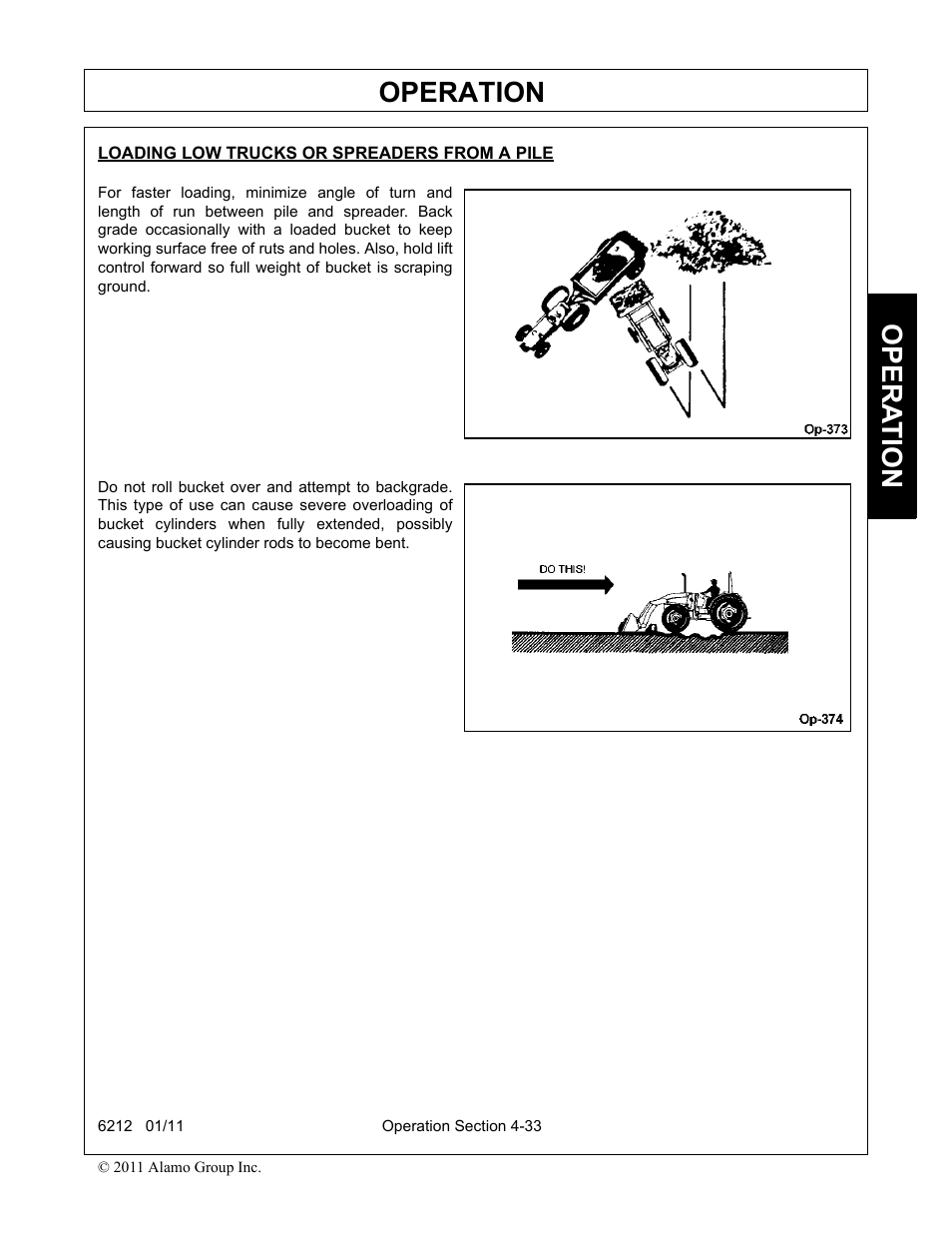 Loading low trucks or spreaders from a pile, Operation, Opera t ion | Alamo 6212 User Manual | Page 73 / 100