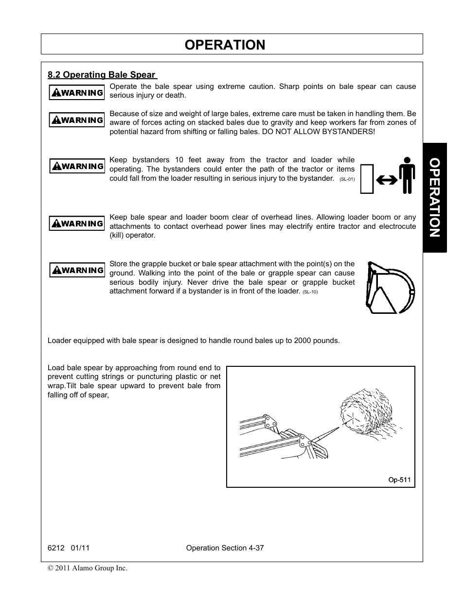 2 operating bale spear, Operating bale spear -37, Operation | Opera t ion | Alamo 6212 User Manual | Page 77 / 100