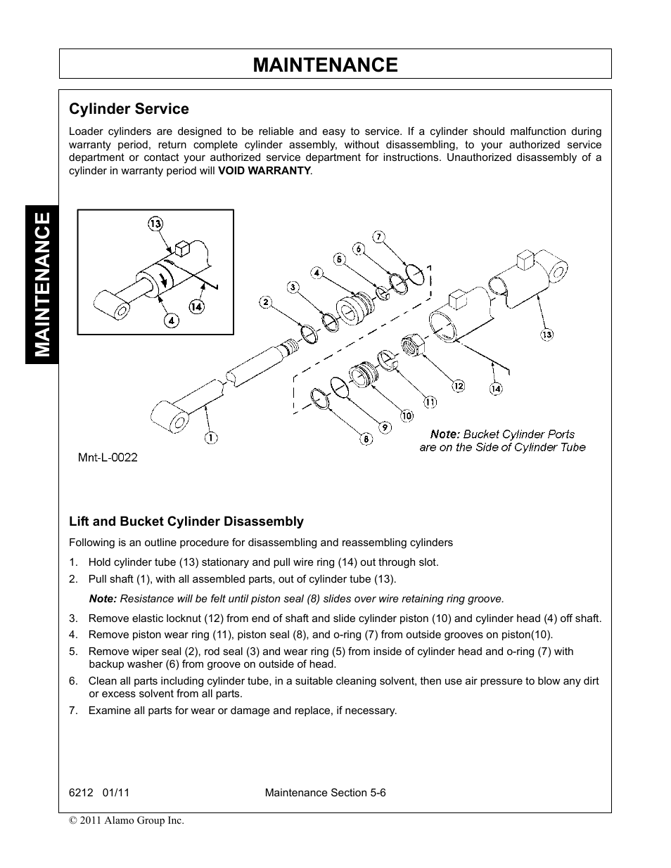 Cylinder service, Lift and bucket cylinder disassembly, Maintenance | Alamo 6212 User Manual | Page 90 / 100