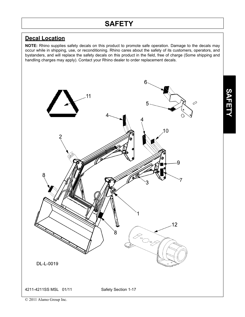 Decal location, Decal location -17, Safety | Alamo 4211 MSL User Manual | Page 21 / 104