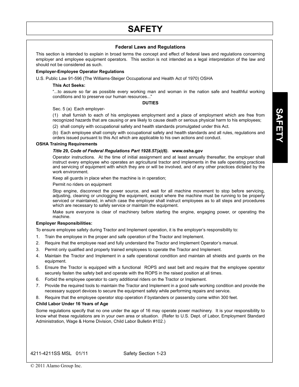 Federal laws and regulations, Federal laws and regulations -23, Safety | Alamo 4211 MSL User Manual | Page 27 / 104