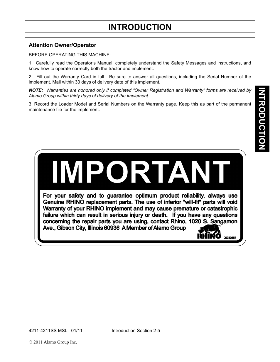 Attention owner/operator, Introduction | Alamo 4211 MSL User Manual | Page 33 / 104