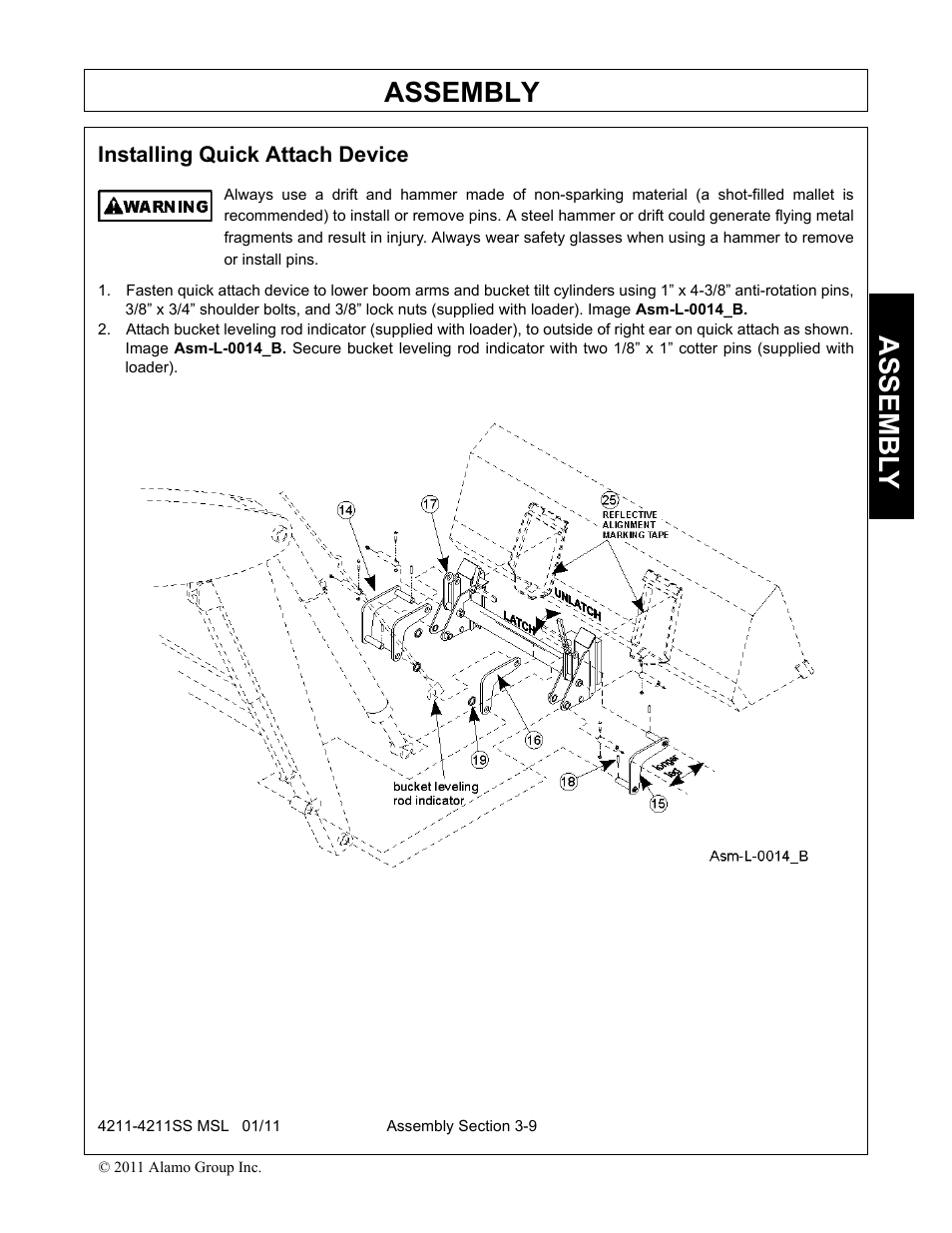 Installing quick attach device, Installing quick attach device -9, Assembly | Assembl y | Alamo 4211 MSL User Manual | Page 43 / 104