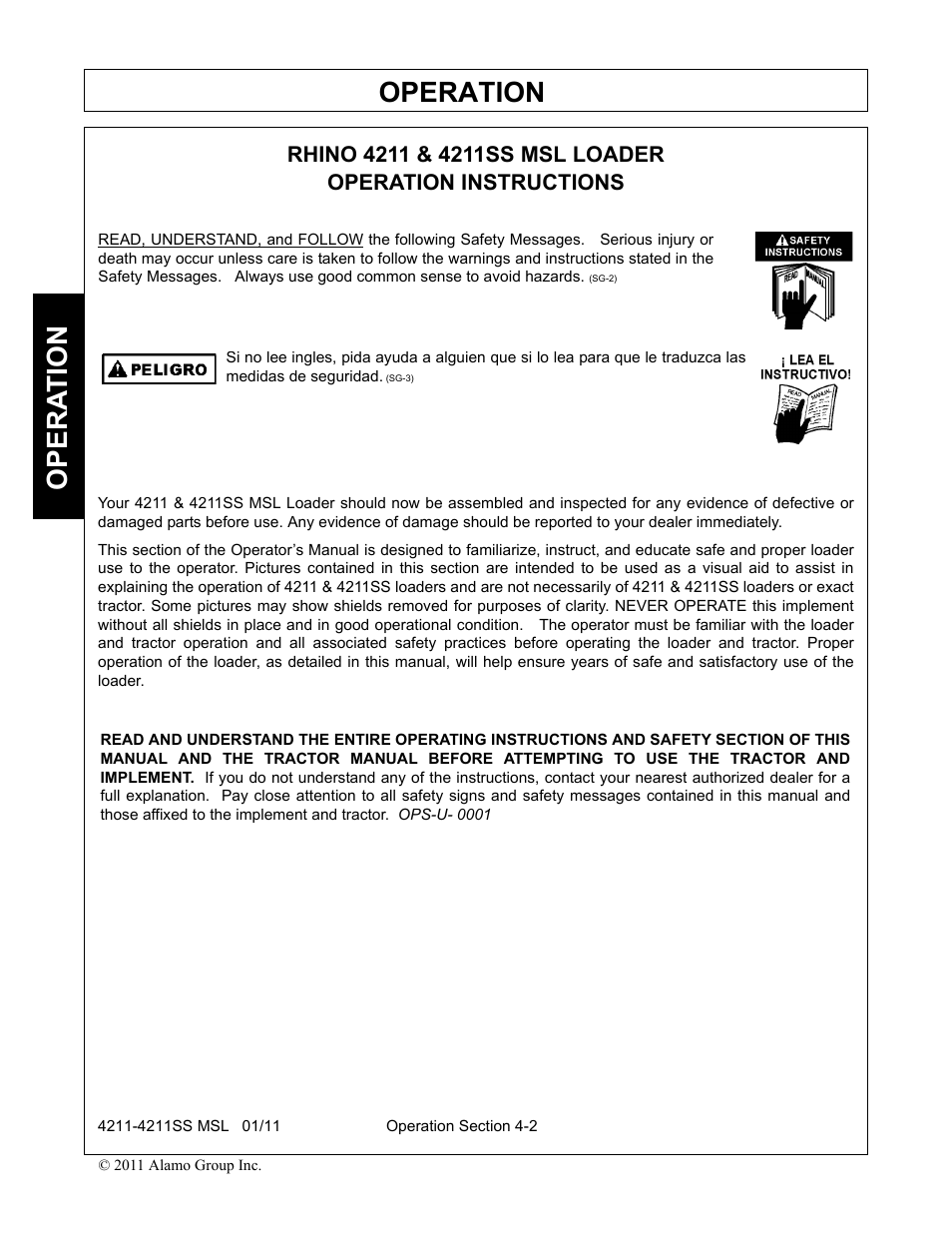 Rhino 4211 & 4211ss msl loader, Operation instructions, Operation | Opera t ion | Alamo 4211 MSL User Manual | Page 48 / 104