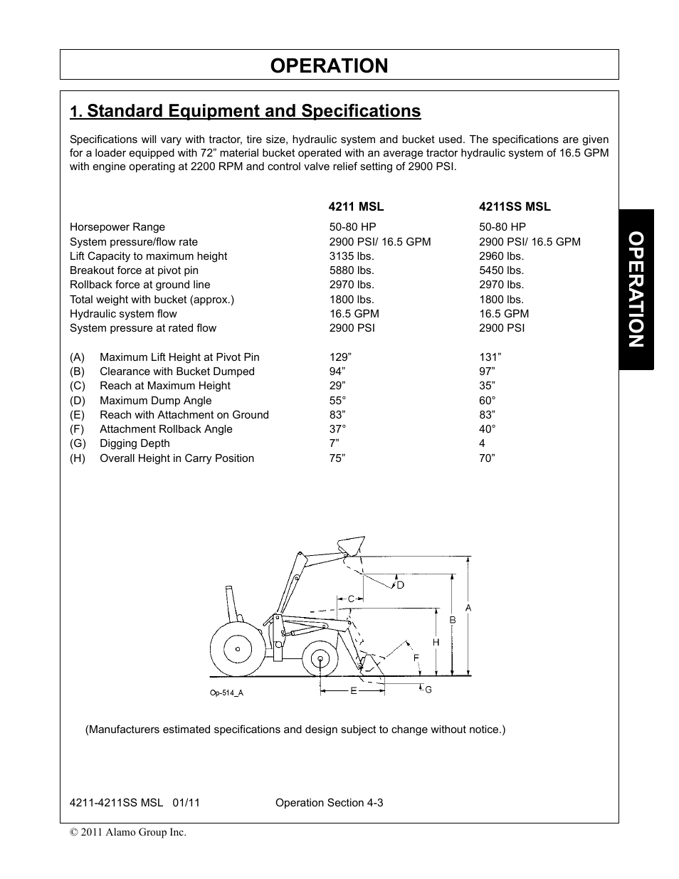 Standard equipment and specifications, A) maximum lift height at pivot pin 129” 131, B) clearance with bucket dumped 94” 97 | C) reach at maximum height 29” 35, D) maximum dump angle 55° 60, E) reach with attachment on ground 83” 83, F) attachment rollback angle 37° 40, G) digging depth 7” 4, H) overall height in carry position 75” 70, Standard equipment and specifications -3 | Alamo 4211 MSL User Manual | Page 49 / 104