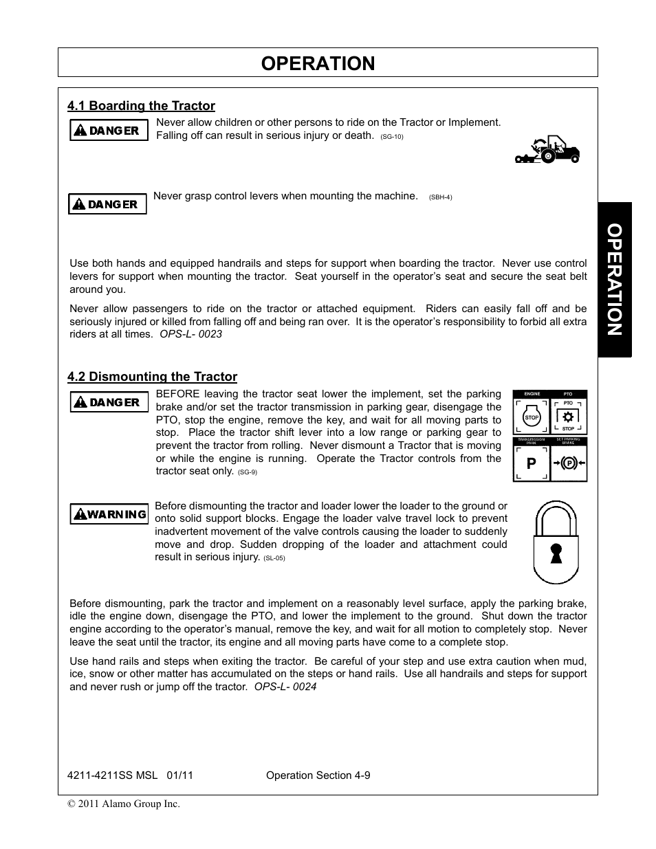 1 boarding the tractor, 2 dismounting the tractor, Boarding the tractor -9 dismounting the tractor -9 | Operation, Opera t ion | Alamo 4211 MSL User Manual | Page 55 / 104