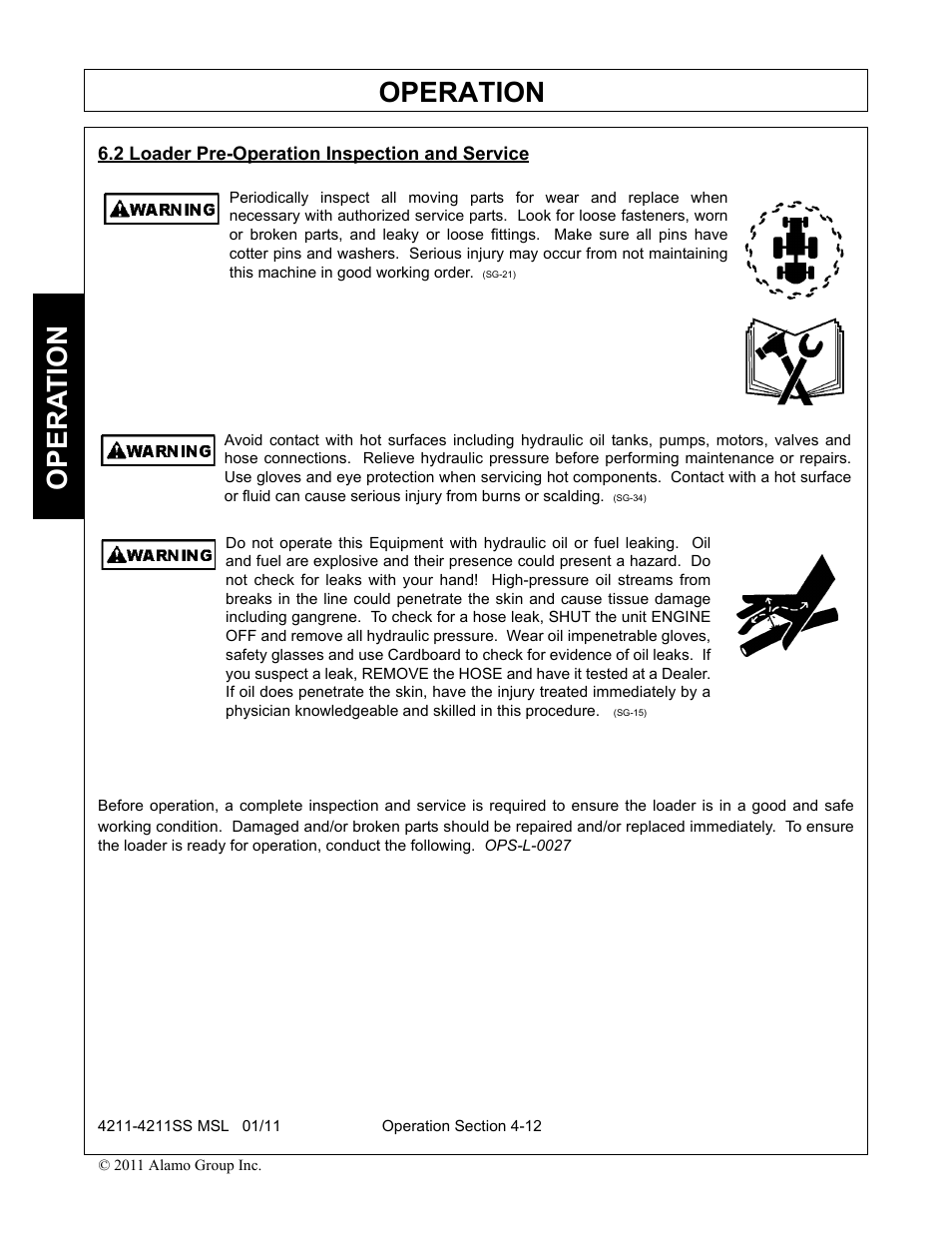 2 loader pre-operation inspection and service, Loader pre-operation inspection and service -12, Operation | Opera t ion | Alamo 4211 MSL User Manual | Page 58 / 104