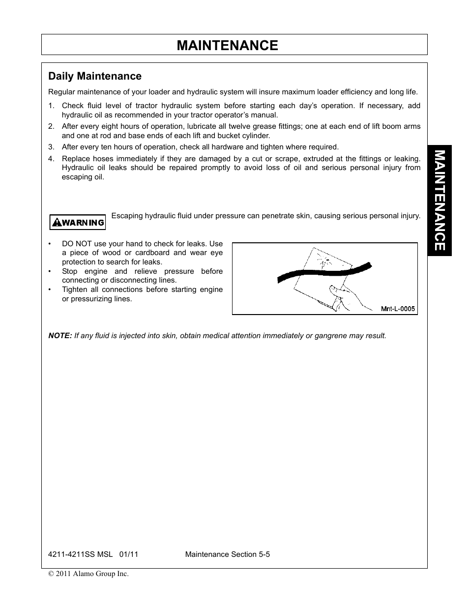 Daily maintenance, Daily maintenance -5, Maintenance | Alamo 4211 MSL User Manual | Page 95 / 104