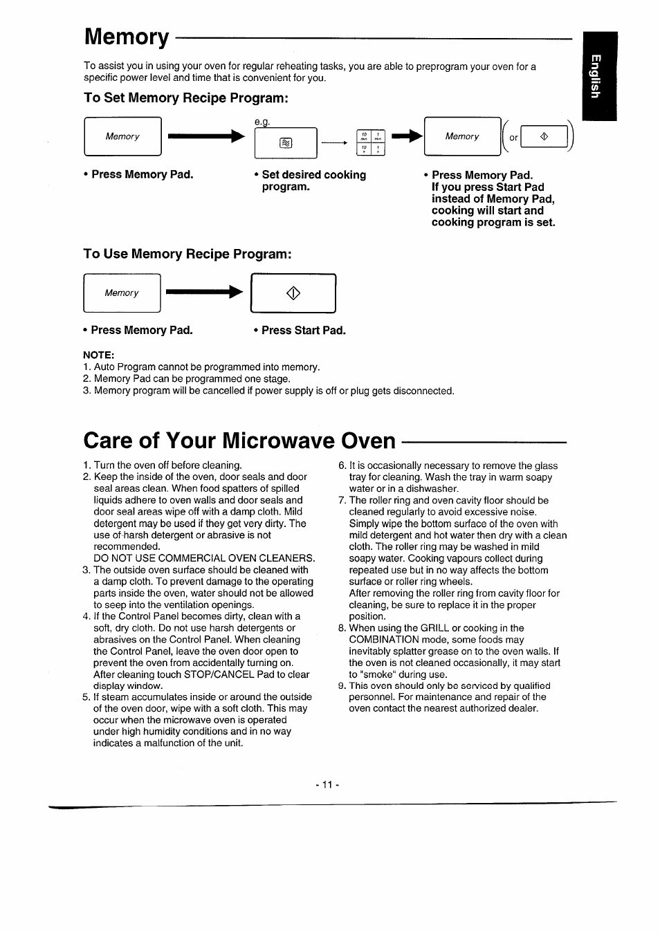 To set memory recipe program, To use memory recipe program, Care of your microwave oven | Panasonic NNK557 User Manual | Page 11 / 46