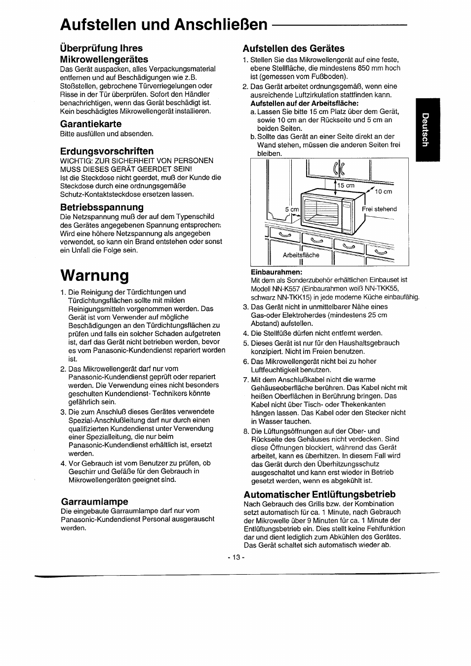 Überprüfung ihres mikrowellengerätes, Garantiekarte, Erdungsvorschriften | Betriebsspannung, Garraumlampe, Aufstellen des gerätes, Automatischer entlüftungsbetrieb, Aufstellen und anschlleßen, Warnung | Panasonic NNK557 User Manual | Page 13 / 46