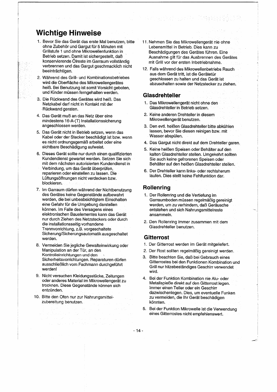 Glasdrehteller, Rollenring, Gitterrost | Wichtige hinweise | Panasonic NNK557 User Manual | Page 14 / 46