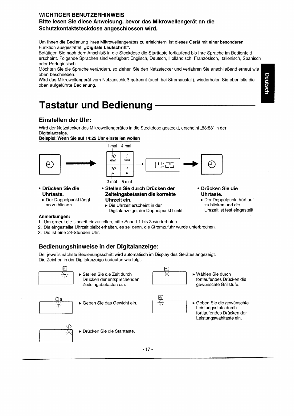 Einsteilen der uhr, Bedienungshinweise in der digitalanzeige, Tastatur und bedienung | Panasonic NNK557 User Manual | Page 17 / 46