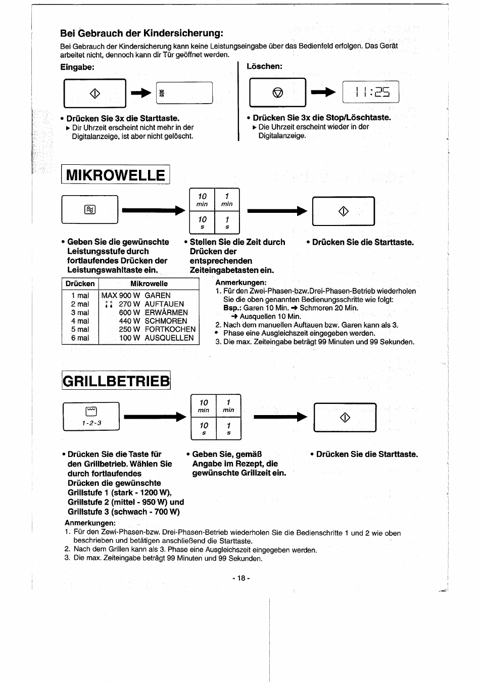 Bei gebrauch der kindersicherung, Mikrowelle, Grillbetrieb | Panasonic NNK557 User Manual | Page 18 / 46