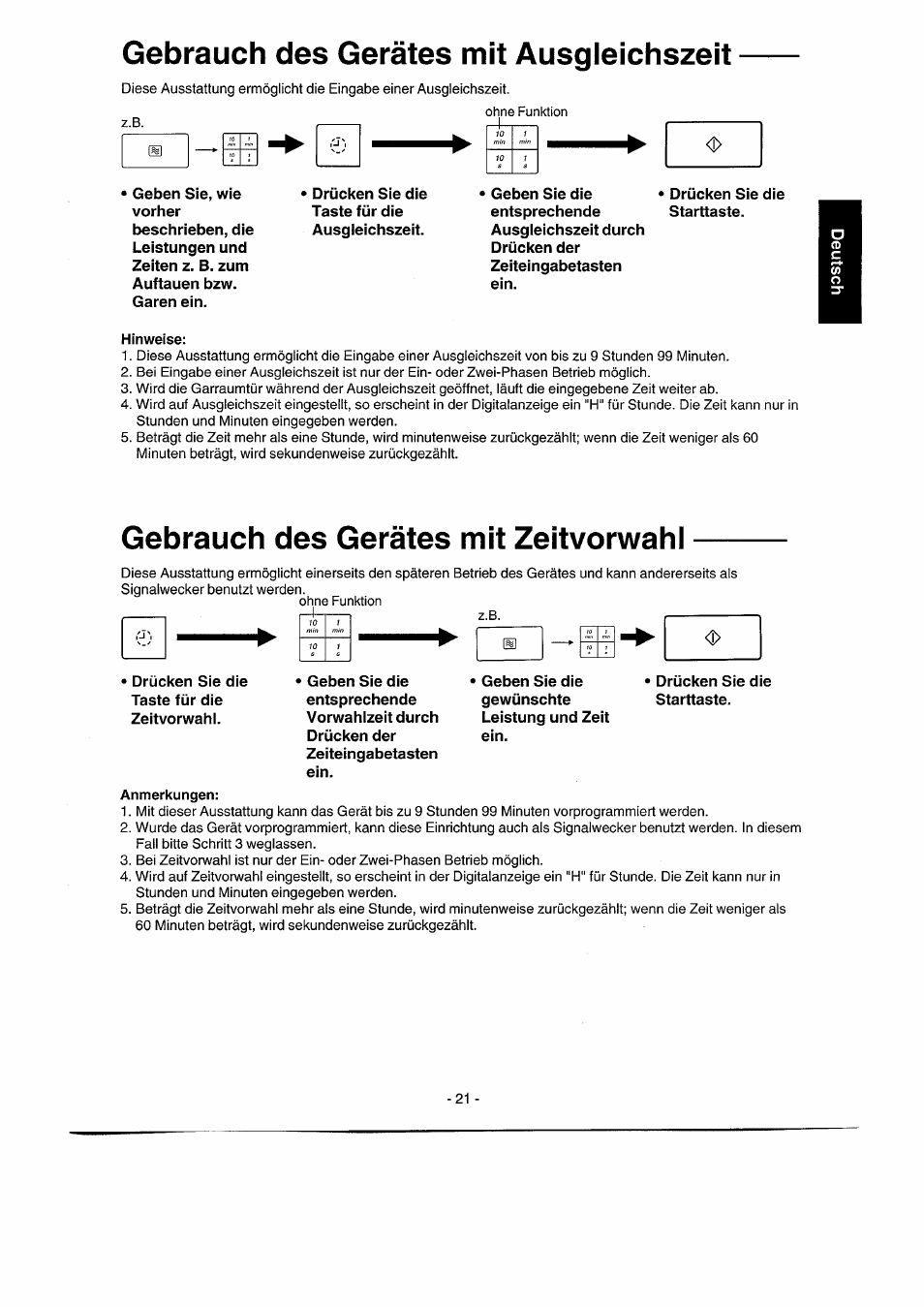 Gebrauch des gerätes mit ausgleichszeit, Gebrauch des gerätes mit zeltvorwahl | Panasonic NNK557 User Manual | Page 21 / 46