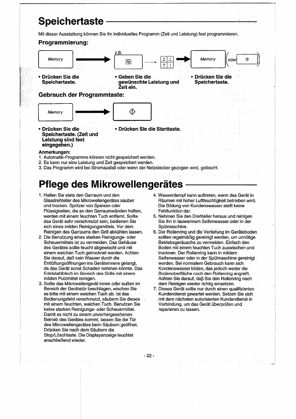 Programmierung, Geben sie die gewünschte leistung und zeit ein, Gebrauch der programmteste | Drücken sie die • drücken sie die starttaste, Speichertaste, Pflege des mikrowellengerätes | Panasonic NNK557 User Manual | Page 22 / 46