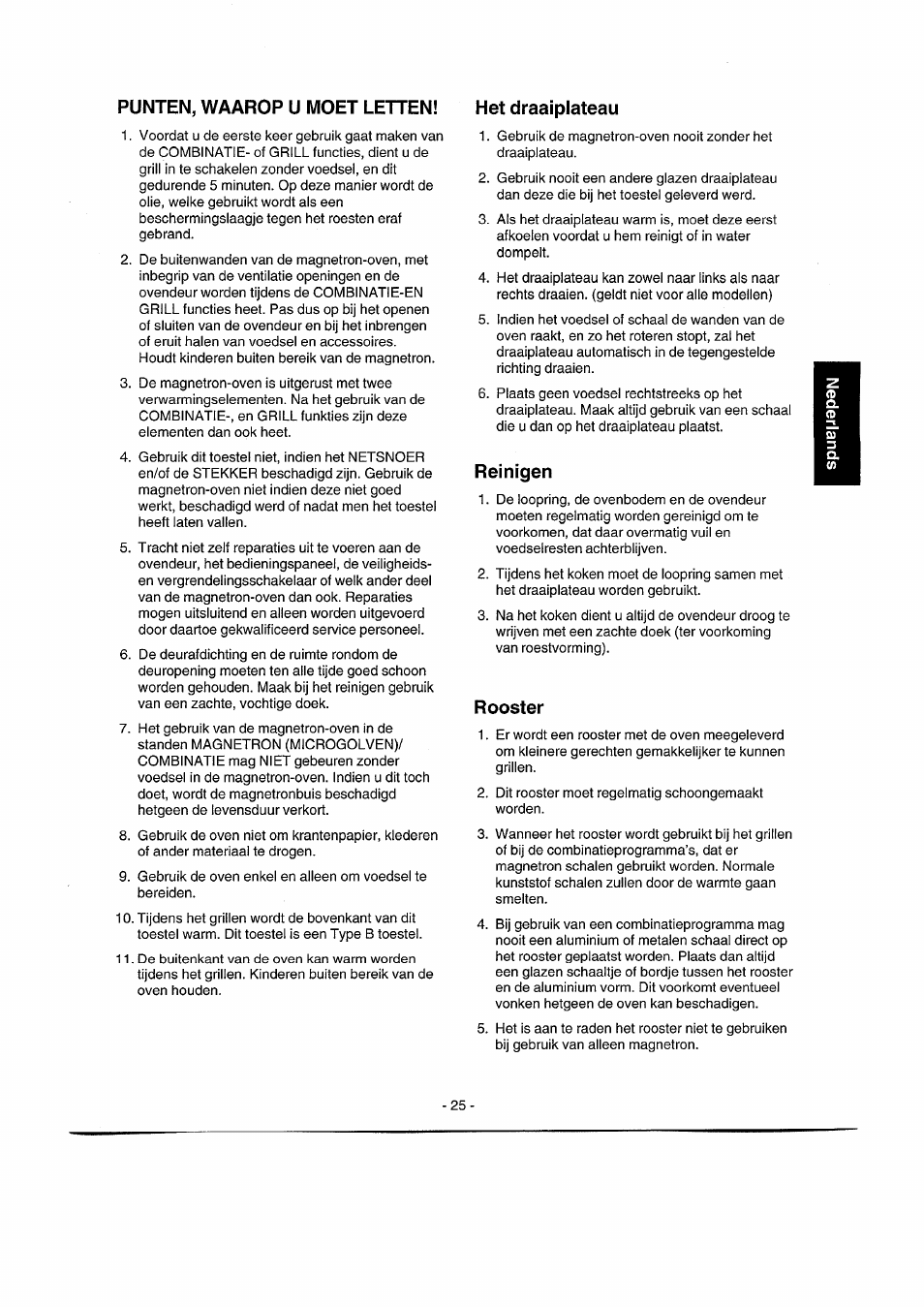 Punten, waarop u moet letten! met draaiplateau, Reinigen, Rooster | Panasonic NNK557 User Manual | Page 25 / 46