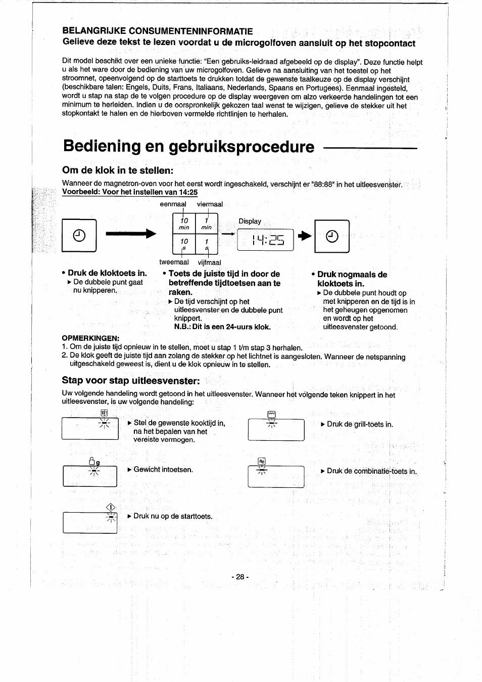 Belangrukeconsumenteninformatie, Om de klok in te steilen, Stap voor stap uitleesvenster | Bediening en gebruiksprocedure | Panasonic NNK557 User Manual | Page 28 / 46