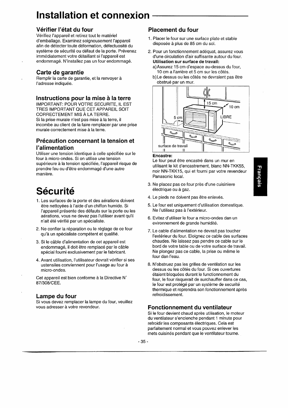 Vérifier l’état du four, Carte de garantie, Instructions pour la mise à la terre | Précaution concernant la tension et l’alimentation, Lampe du four, Placement du four, Fonctionnement du ventilateur, Installation et connexion, Sécurité | Panasonic NNK557 User Manual | Page 35 / 46