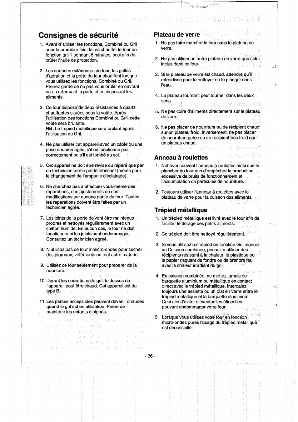 Plateau de verre, Anneau à roulettes, Trépied métallique | Consignes de sécurité | Panasonic NNK557 User Manual | Page 36 / 46