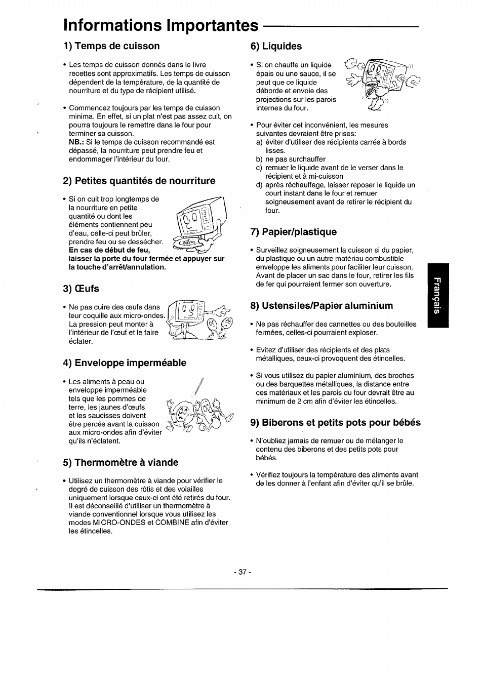 1) temps de cuisson 6) liquides, 2) petites quantités de nourriture, 3) œufs | 4) enveloppe imperméable, 5) thermomètre à viande, 7) papier/plastique, 8) ustensiles/papier aluminium, 9) biberons et petits pots pour bébés, Informations importantes | Panasonic NNK557 User Manual | Page 37 / 46