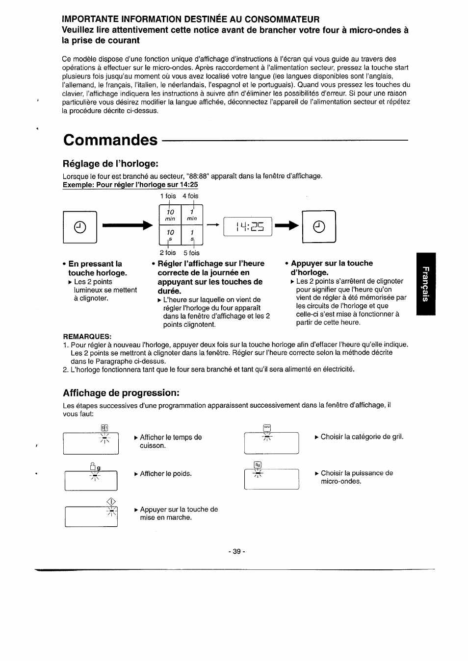 Importante information destinée au consommateur, La prise de courant, Réglage de l’horloge | Affichage de progression, Commandes | Panasonic NNK557 User Manual | Page 39 / 46